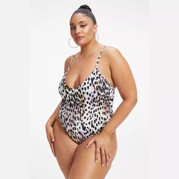 GOOD AMERICAN Leopard Print One‎ Piece Swimsuit Satin High Cut Leg Size 4X 4XL 7 - Picture 1 of 9
